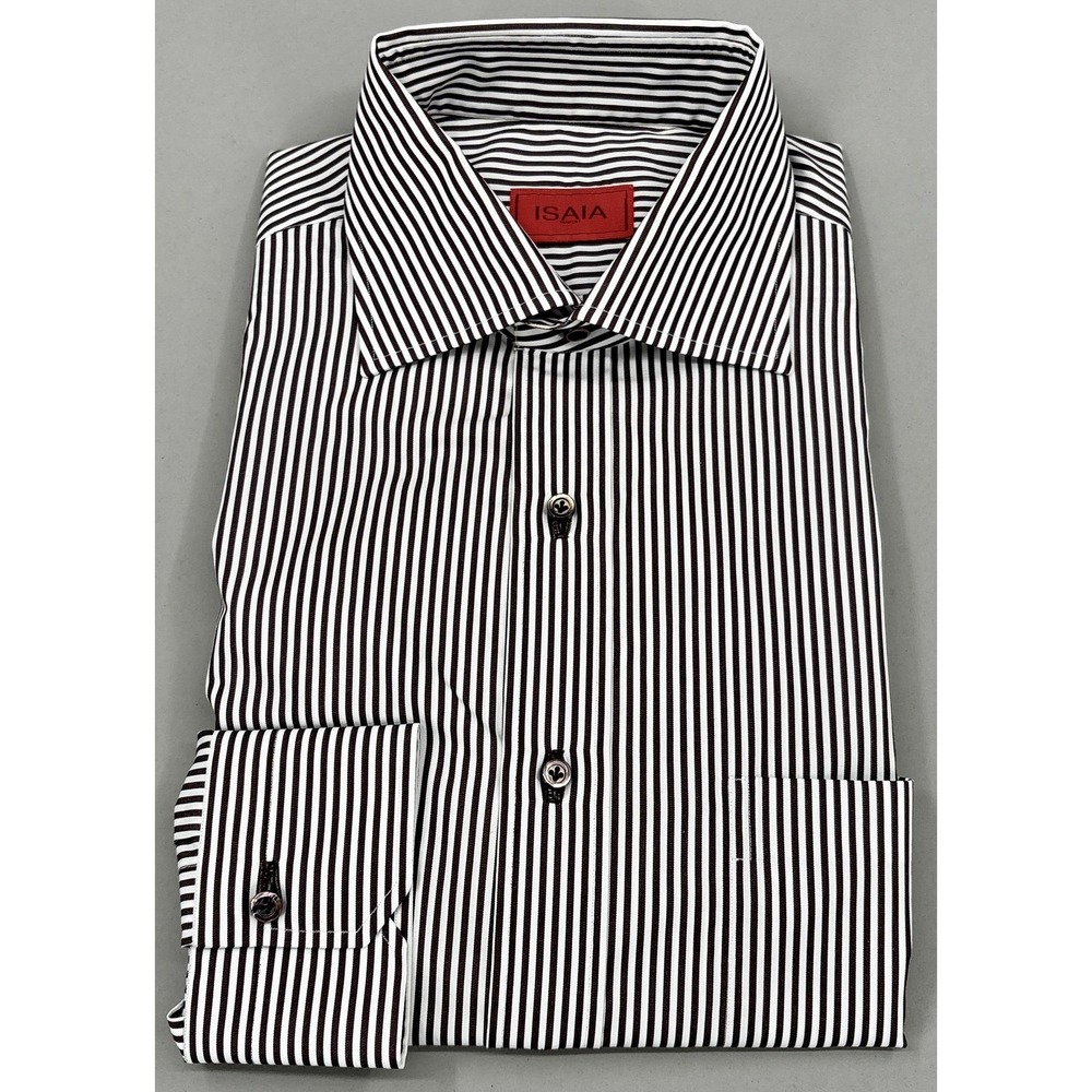Isaia Shirt Mens 15.75 40 Brown White Stripe Regular Long Sleeve Dress Italy NEW